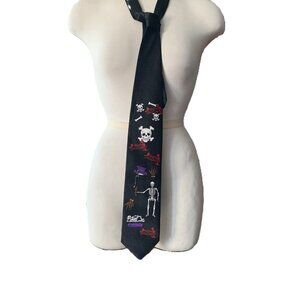 BLACK HALLOWEEN TIE WITH SKULLS AND SKELETONS AND BONES 100% POLYESTER